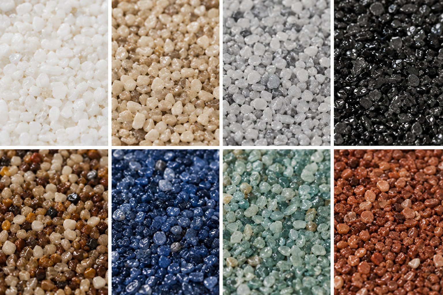Eight resin bound aggregate colourways: white quartz, harvest gold, silver grey, midnight basalt, autumn bronze, cobalt blue, sage green, and terracotta red