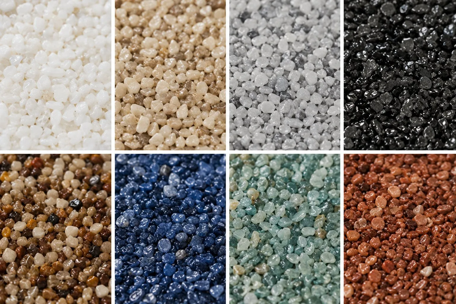Eight resin bound aggregate colourways: White Quartz, Harvest Gold, Silver Grey, Midnight Basalt, Autumn Bronze, Cobalt Blue, Sage Green, and Terracotta Red